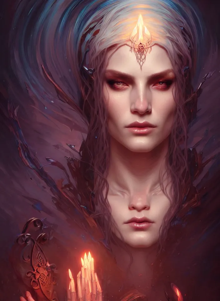 Image similar to Necromancer Sorceress face in center, fantasy magic, undercut hairstyle, dark light night, intricate, elegant, sharp focus, illustration, highly detailed, digital painting, concept art, matte, art by WLOP and Artgerm and Greg Rutkowski and Alphonse Mucha, masterpiece