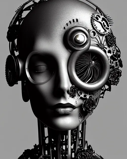 Image similar to black and white dreamy foggy smoky profile face portrait, one silver steampunk eye biomechanical beautiful young female cyclope - cyborg - robot bust, body ribs meshes,, volumetric light, hibiscus flowers, by hg giger, rim light, by dora maar and cecile beaton, big gothic fashion pearl embroidered collar, 8 k