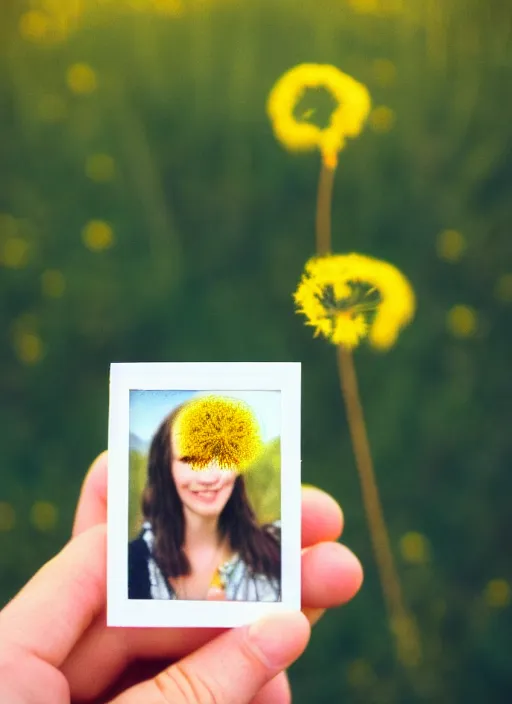 Prompt: instax mini portrait of a woman holding a dandelion in the berkeley hills