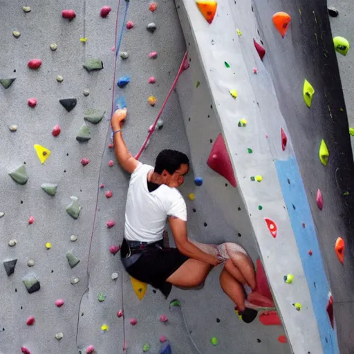 Prompt: obese saddam hoessein climbing wall, extreme sport
