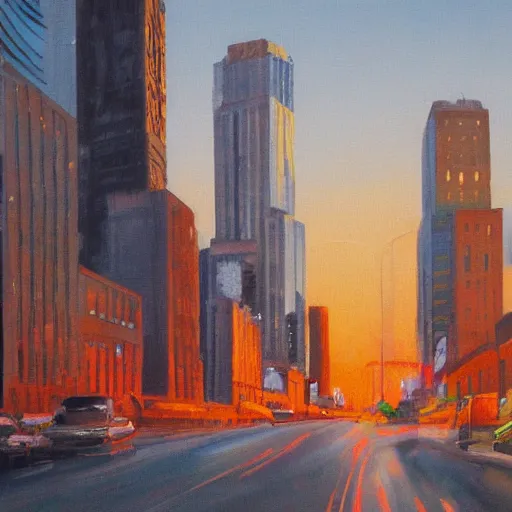 Image similar to cityscape at dusk painted by nathan walsh, detailed