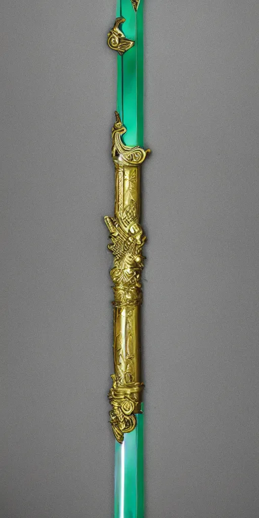 Prompt: photograph of a wide green and teal crystal double - edged sword blade attached to a big gold sword hilt