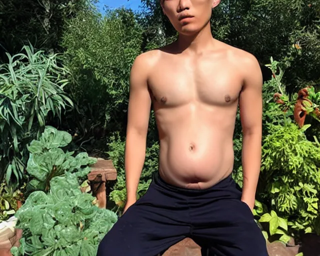 Image similar to mr chen smoke weed and meditate in the garden, he has dark black hair, young, detailed glad face, muscular chest, pregnant belly, golden hour closeup photo, tank top, eyes wide open, ymmm and that smell