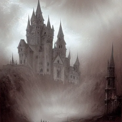 Prompt: Gothic Castle painting by Frank Franzetta, Gothic, Horror, Mist, Fog; Night