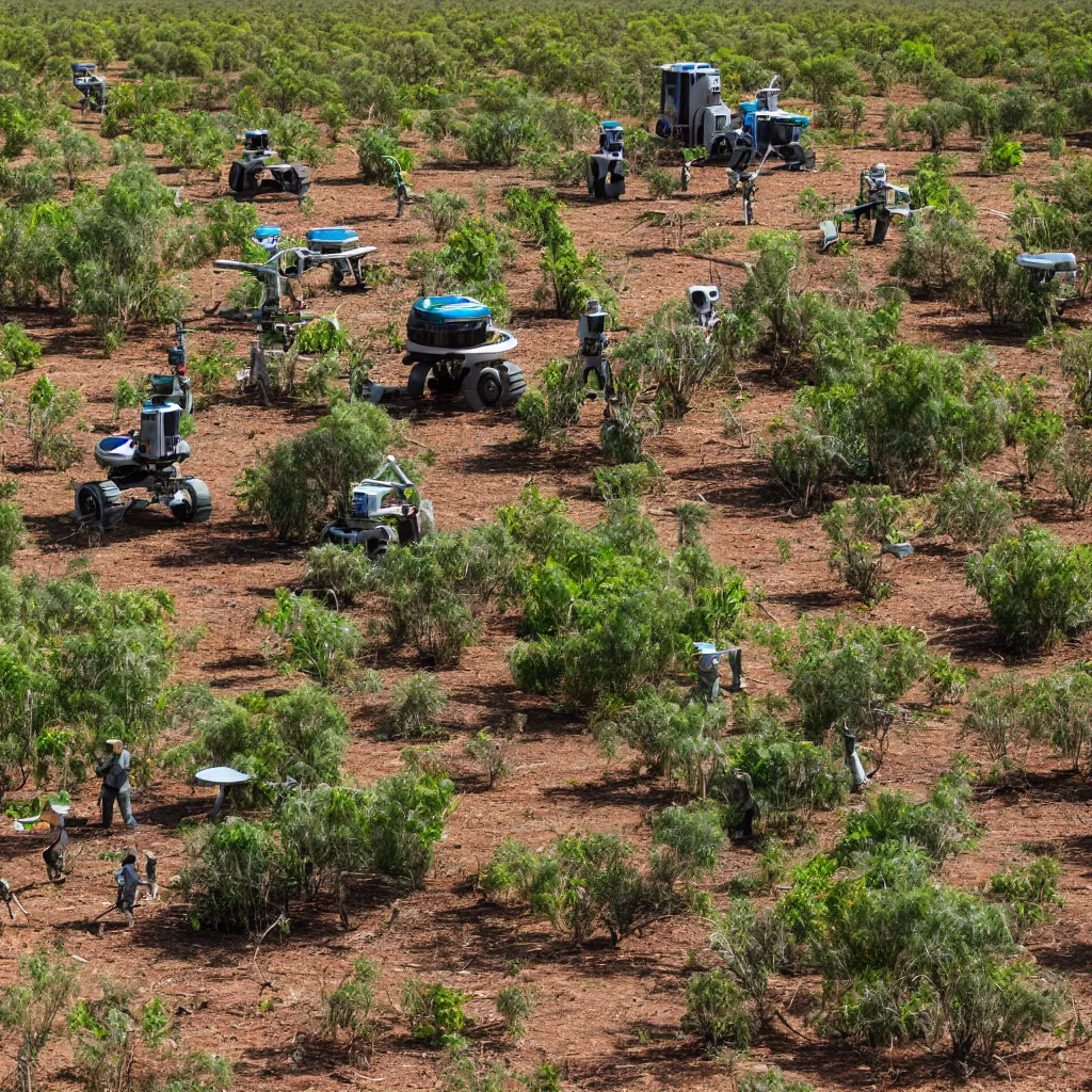 Prompt: robots harvesting a permaculture food forest in the australian desert, near an earthship village, next to a billabong, with crocodiles, XF IQ4, 150MP, 50mm, F1.4, ISO 200, 1/160s, natural light