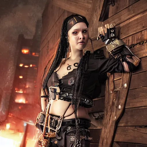 Prompt: photo of a cyberpunk female pirate