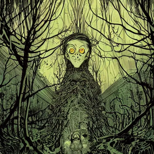 Prompt: horrific creepy face in the forest by dzo godmachine victo ngai keith thompson michael whelan and yoji shinkawa apophasis