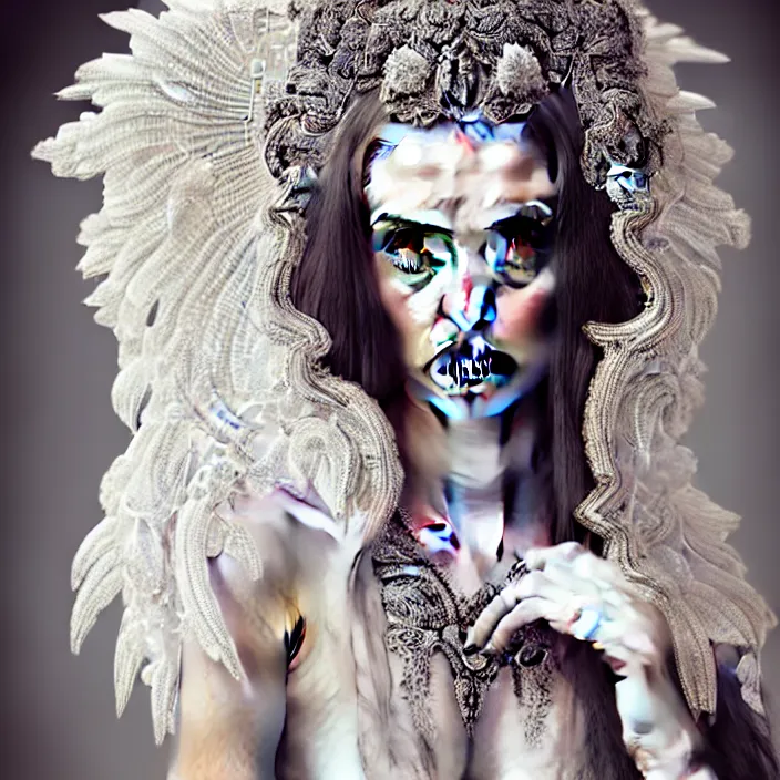 Prompt: photo portrait of a beautiful woman like a dark fallen angel, dressed in long elegant intricate ornamental white dress,intricate fractal ornament in the bust with a very long neck , , elegant, highly detailed intricate baroque ornament in her blond long hair, Realistic, Refined, Highly Detailed, Cinematic Lighting,, photo-realistic, 8K , fine art photography by Flora Borsi, volumetric lighting, pastel colors scheme , hyper realistic photography in style of Vogue Fashion magazine