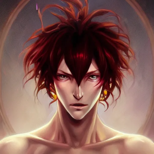 Image similar to portrait of hisoka morow hunter hunter, male, sharp jaw yellow eyes small eyes red hair crimson medium length hair, anime, fantasy, intricate, elegant, highly detailed, digital painting, artstation, concept art, matte, sharp focus, illustration, art by artgerm and greg rutkowski and alphonse mucha