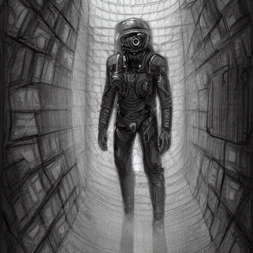 Image similar to the man stuck in the wall, creepy explorer sketch, godlike design, concept art, beyond the void, grand scale, intricate detailed