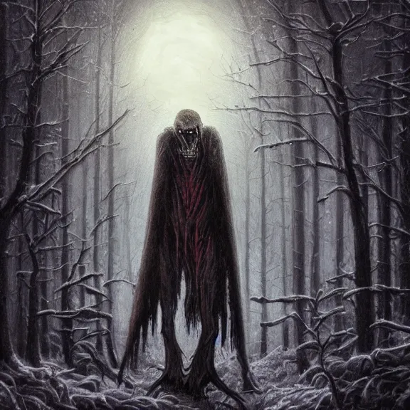 Image similar to cloaked humanoid wendigo feasting, nighttime located in a snowy dark forest, lurking horror, distant shot, dungeons and dragons, magic the gathering, forboding, high detail, oil painting, style of seb mckinnon