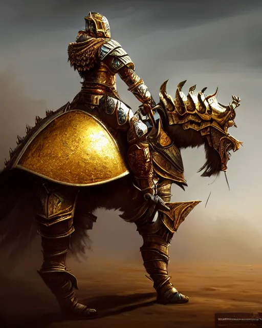 Image similar to realistic side view painting of the king of the desert, angry, wide angle, gold armour, sword, dramatic lighting, intricate, wild, highly detailed, digital painting, artstation, concept art, smooth, sharp focus, illustration