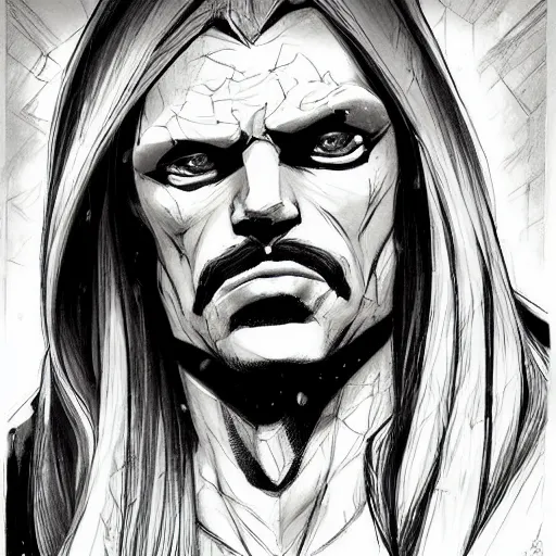 Image similar to a portrait of Vlad III as drawn by Stjepan Sejic, warm tones humor