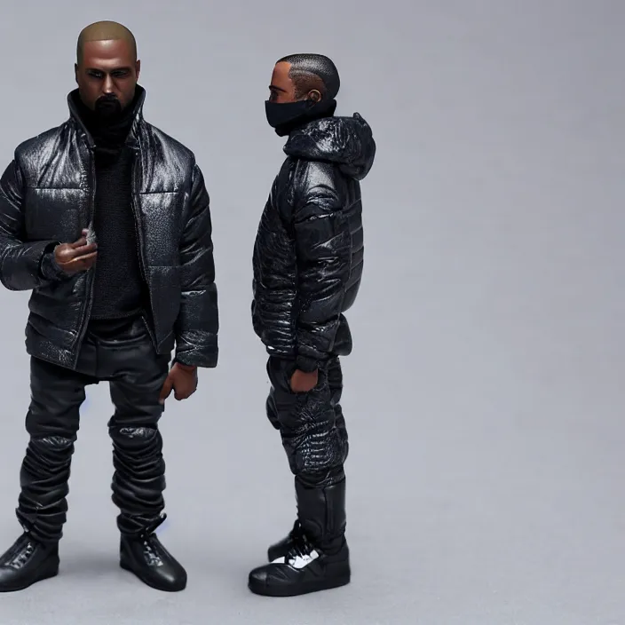 Prompt: a action figure of kanye west using a full face covering black mask, a small, tight, undersized reflective bright blue round puffer jacket made of nylon, dark jeans pants and big black balenciaga rubber boots, figurine, detailed product photo