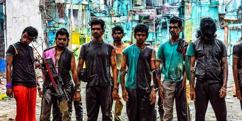 Prompt: sri lankan cyberpunk gang, film still, epic shot cinematography, rule of thirds, colorful, sci - fi tech style