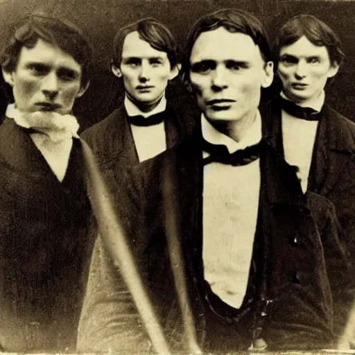 Image similar to rare early victorian photograph of cillian murphy, tom hardy, tom hiddleston, very grainy, blurry, 1 8 4 0 s, 1 8 5 0 s, realistic face