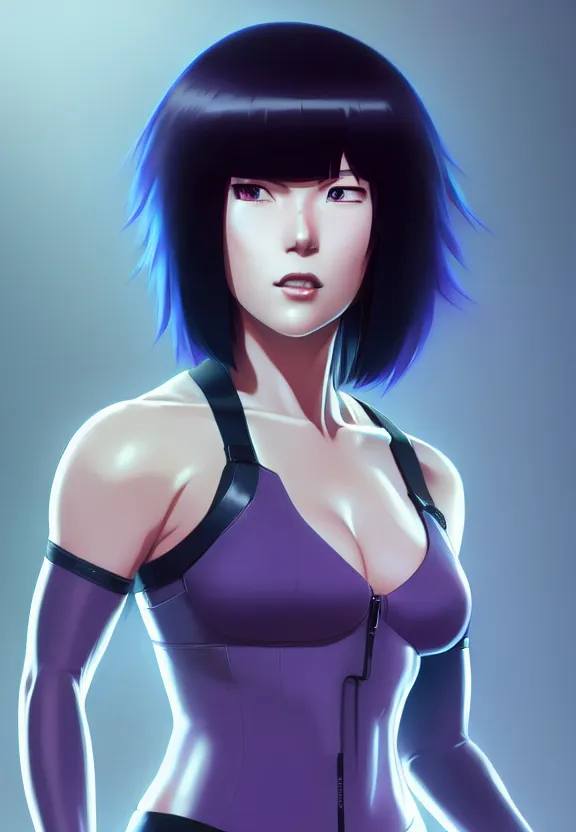 Image similar to a fullbody portrait of motoko kusanagi the major ghost in the shell : : connected to cables, under repairs, maintenance area, technicians : : by ilya kuvshinov, rossdraws, artgerm, sola digital arts, anti aliasing, raytracing : :