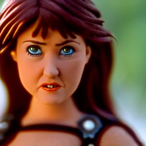 Prompt: a cinematic film still of a claymation stop motion film starring young lucy lawless as xena warrior princess, brunette hair, shallow depth of field, 8 0 mm, f 1. 8