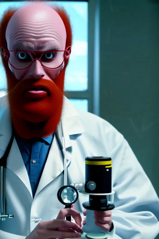 Image similar to an awkwardly tall scientist with 3 eyes and a tangled beard and unruly red hair atop his balding head wearing a labcoat and holding a beaker, high resolution film still, movie by Ivan Reitman, 3rd eye in the middle of the forehead