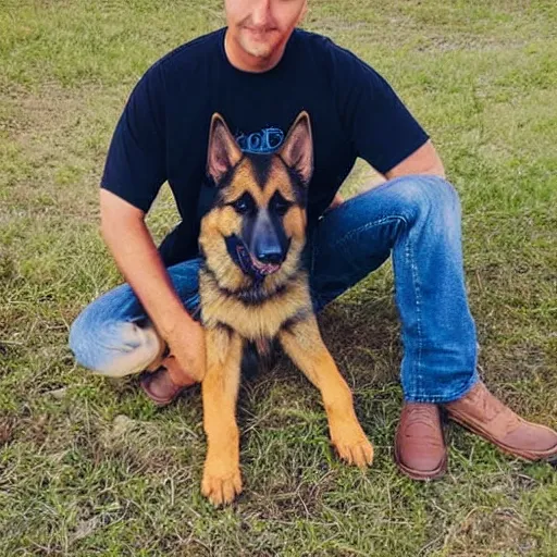 Image similar to a humanoid german shepherd, he wears a gray t - shirt with blue jeans.