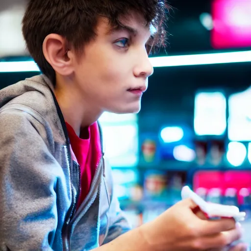 Prompt: cyberpunk young boy buying coke at the shop. 8 k, hd, portrait.