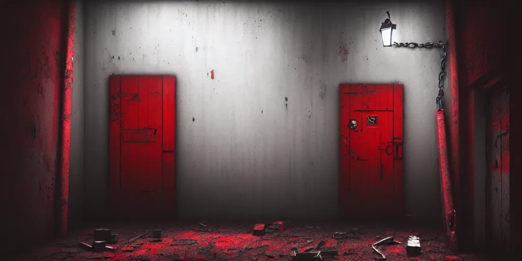 Prompt: red door in a basement, boarded up, padlocks, chains, locked, forbidden creepy mood, game art matte painting hyperdetailed, artstation, cgsociety, 8 k, surreal dream landscape