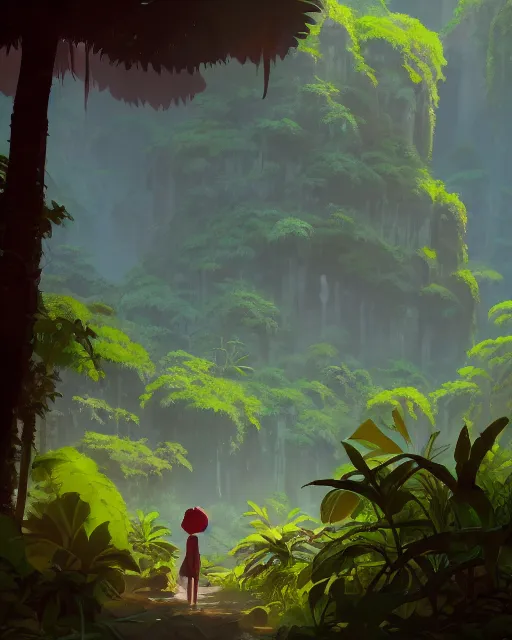 Image similar to forgotten temple, lush vegetation, waterfalls, cory loftis, james gilleard, atey ghailan, makoto shinkai, goro fujita, rim light, exquisite lighting, clear focus, very coherent, plain background, soft painting