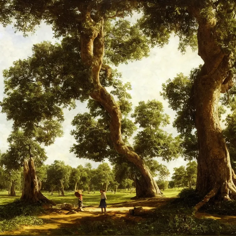 Prompt: banyan trees by the pond, a boy is under the tree, oil on the canvas, summer day, cinematic composition, by ivan ivanovich shishkin, 8 k