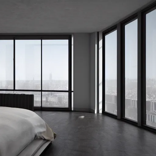 Image similar to brutalist bedroom, big windows, showing city landscape on background, minimalist architecture, minimalist furniture, octane render, high quality, 8 k, post production