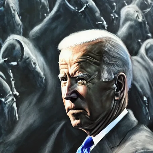 Image similar to closeup of joe biden leading an army of shadows, coiling, abstract shadowy army, painting by john mcnaughton, stephen gammell