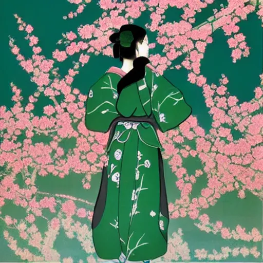 Prompt: A beautiful installation art of a young woman in a traditional kimono, with a background of sakura blossoms. emerald by Osamu Tezuka