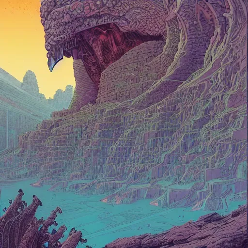 Image similar to an epic horrifying fantastic hyperdetailed matte painting beautiful retro sci fi landscape, by moebius by geoff darrow by dan mumford