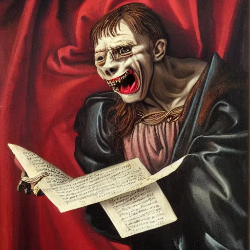 Prompt: an oil painting of an extremely ugly vampire Gargoyle, Renaissance painting, Renaissance Port City background, vampire teeth, 1450, holding paper fan