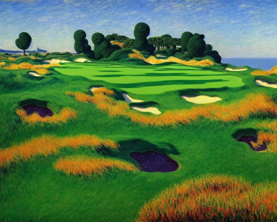 Prompt: achingly beautiful painting of bandon dunes par 3 by rene magritte, monet, and turner.