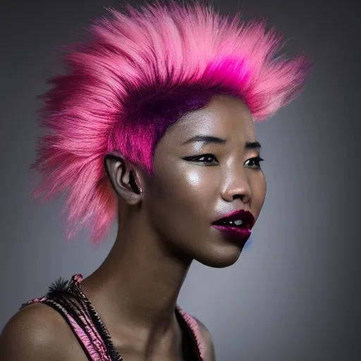 Image similar to asian - african woman with pink - dyed hair wearing alternative clothing, 8 k, portrait