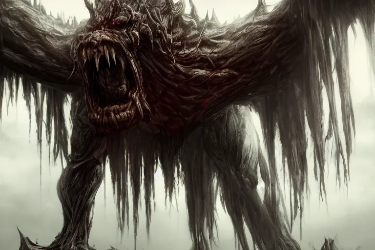 Prompt: a tall humongous angry monster made of flesh and bones, standing faraway in the far distance, elden ring boss, realism, photo realistic, high quality, misty, hazy, ambient lighting, cinematic lighting, studio quality, scary