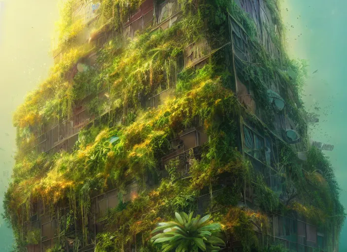 Prompt: overgrown foliage overtaking tall buildings, underwater environment, storefronts, sand, scenery, professional, award - winning, trending on artstation, hyper detailed, realistic, beautiful, emotional, shiny, golden, picture