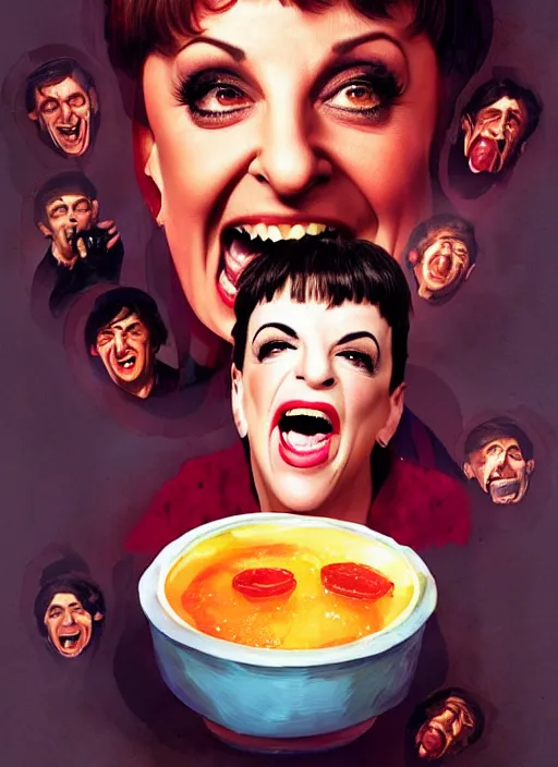 Image similar to highly detailed comedy caper movie poster with laughing liza minnelli face in a bowl of jelly by greg rutkowski