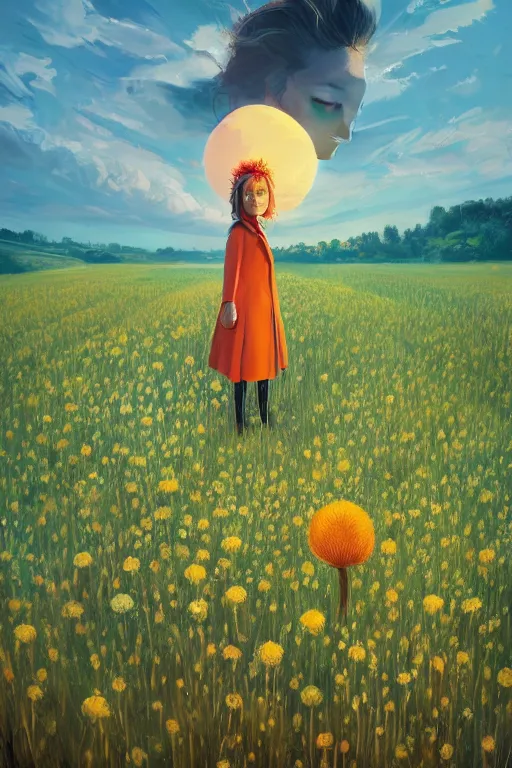 Image similar to portrait, giant thistle flower under head, a girl in a suit in field of flowers, surreal photography, sunrise, blue sky, dramatic light, impressionist painting, digital painting, artstation, simon stalenhag