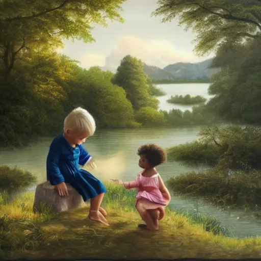 Prompt: a blond white toddler and a black toddler with short curly hair play by a forest and lake, [ oil painting ]!!, trending on cgsociety, 4 k