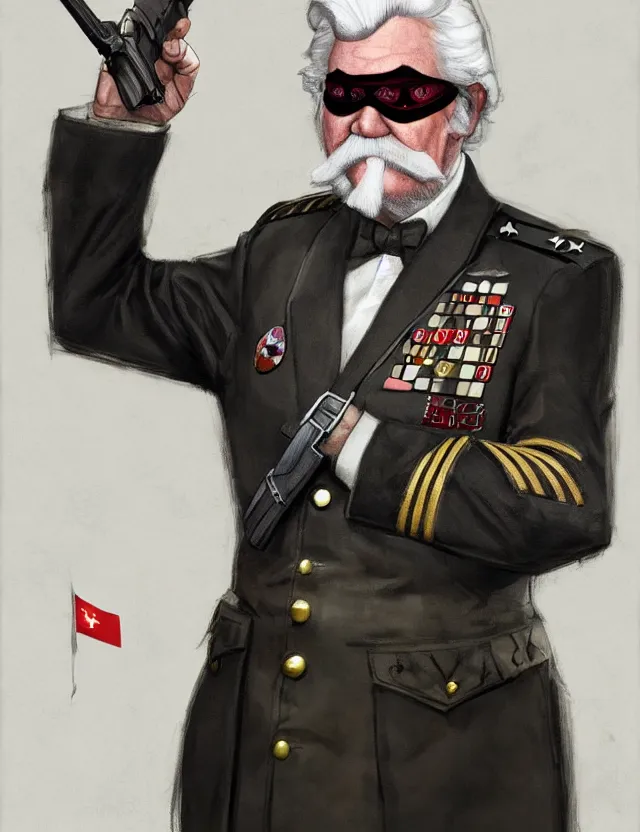 Image similar to a portrait of colonel sanders wearing a military uniform and a black eyepatch over his left eye, by moebius and tyler edlin and hr giger, trending on artstation, digital art, 4 k resolution, detailed, high quality, sharp focus, hq artwork, coherent, insane detail, concept art