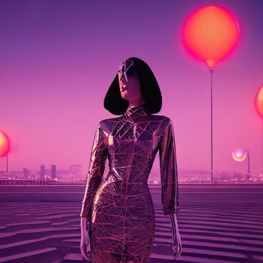 Image similar to innovative avant-garde art, deco fashion, asian women, neon lights, highly detailed, photorealistic portrait, serene night desert setting, moon light, crisp quality and light reflections, unreal engine 5 quality render