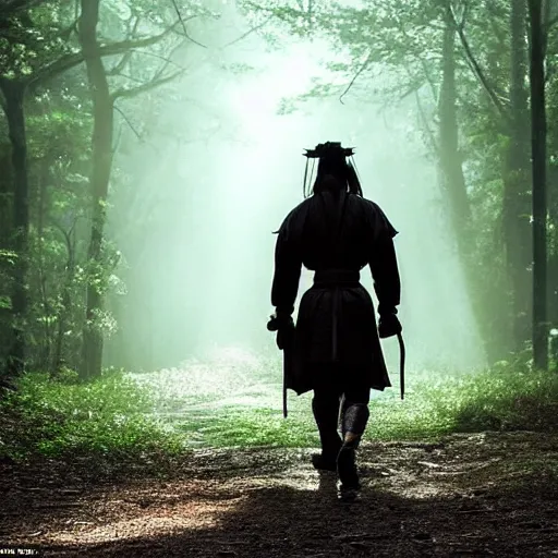 Image similar to a samurai walks alone through the woods at day, bright, sunny, atmospheric, cinematic lighting, intricate detail?