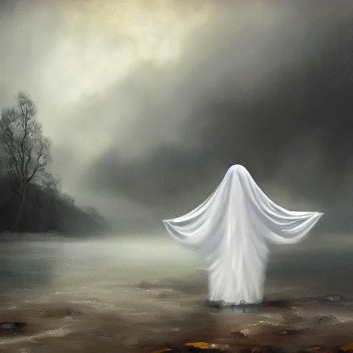 Image similar to ominous bedsheet ghost floating above a river, oil painting, brush strokes, gloomy misty atmosphere, symmetrical, full body image, highly ornate intricate details,