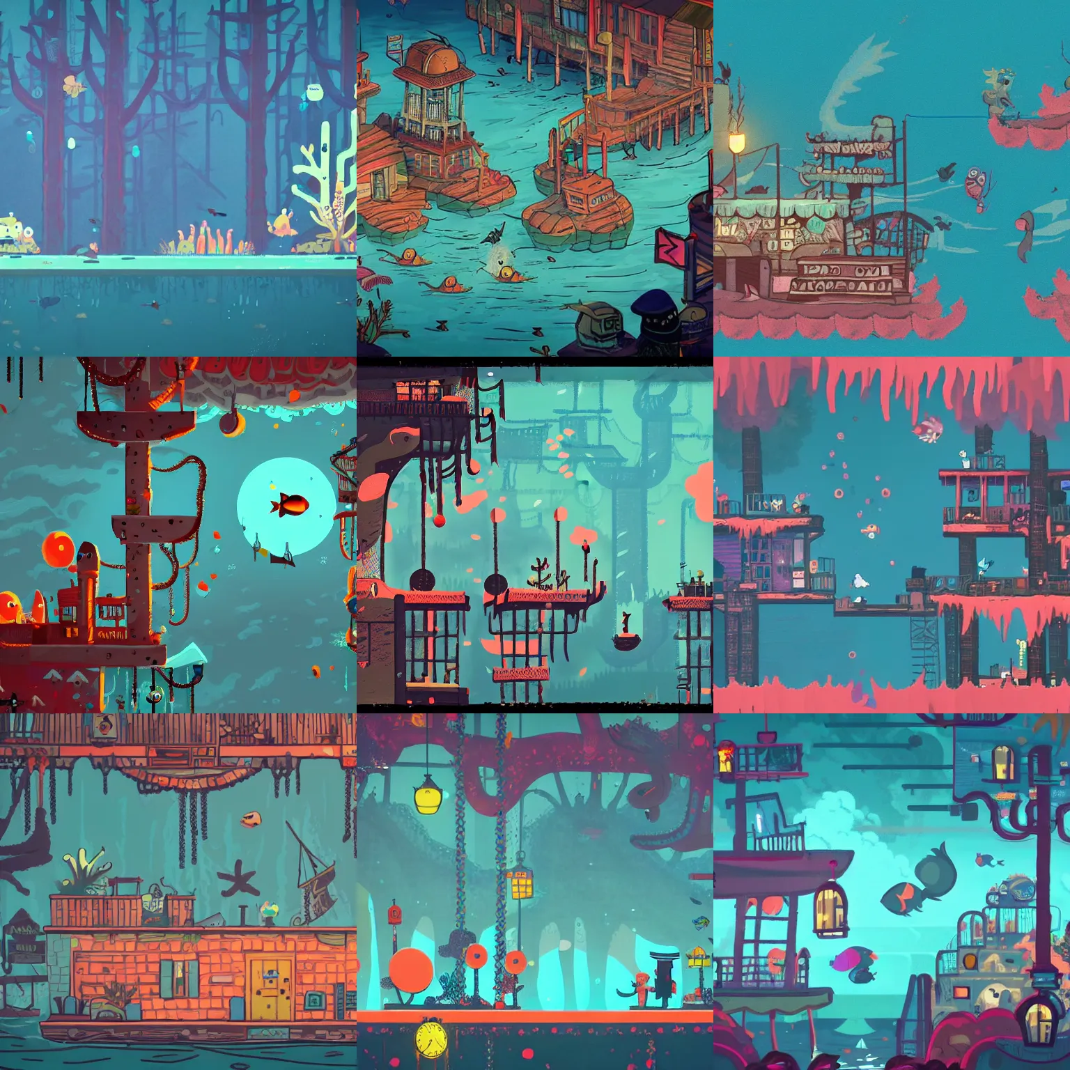 Prompt: a dreary side scrolling apocalyptic underwater crowded seaside town covered in coral and fish in the style of night in the woods the video game