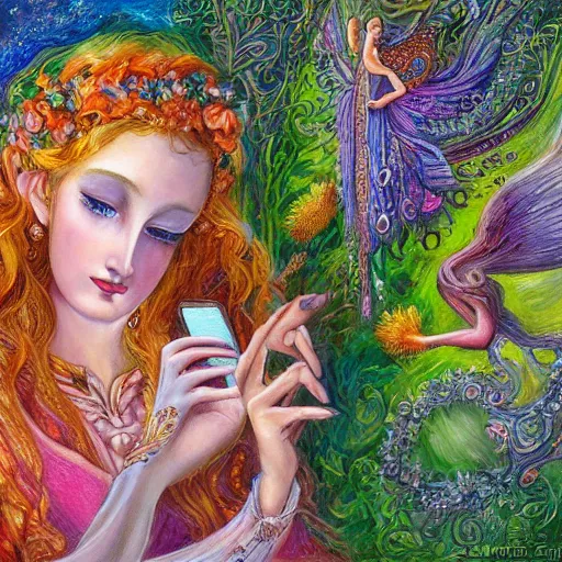 Image similar to a nature goddess checking her cell phone by senior concept artist josephine wall, acrylic on canvas, intricately detailed