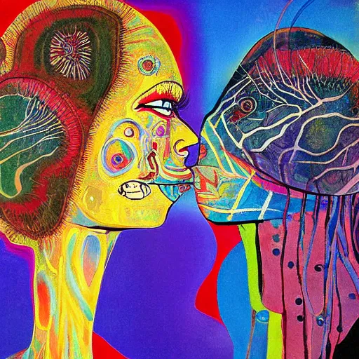 Image similar to beautiful painting of two bizarre psychedelic women kissing each other closeup in an aquarium in spain, speculative evolution, mixed media collage by basquiat and alex grey, magazine collage art, sapphic art, lesbian art