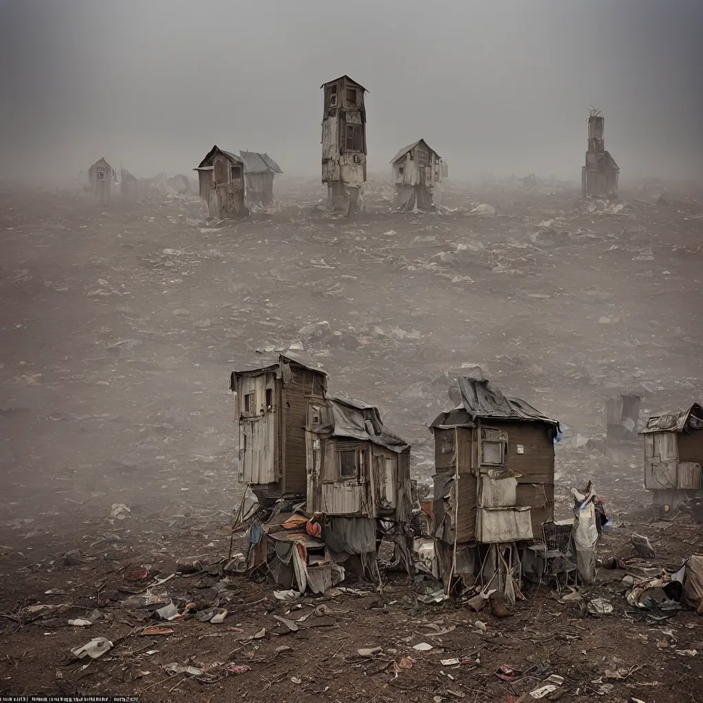 Image similar to two towers, made up of makeshift squatter shacks with faded colours, apocalyptic sky, uneven fog, dystopia, mamiya rb 6 7, fully frontal view, ultra sharp, very detailed, photographed by julie blackmon