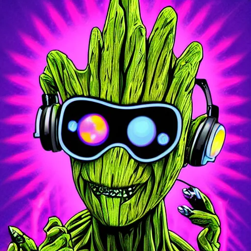 Prompt: artgerm, psychedelic laughing cybertronic groot, rocking out, headphones dj rave, digital artwork, r. crumb, svg vector