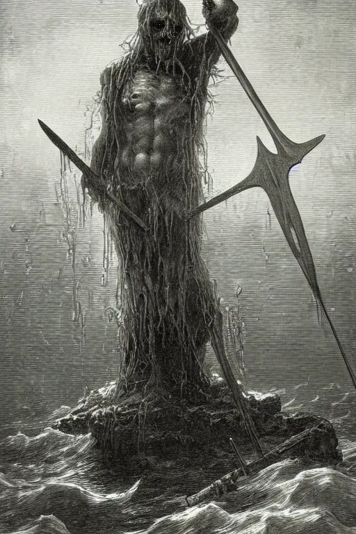Image similar to painting by gustave dore of a drowned zombie with!! glowing cyan eyes!!, holding a trident, underwater